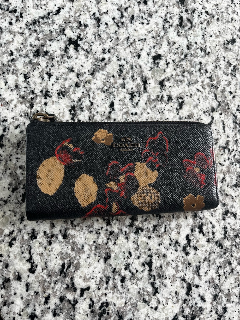 Coach Black Leather Floral Zip Wallet with Gold and Red Accents